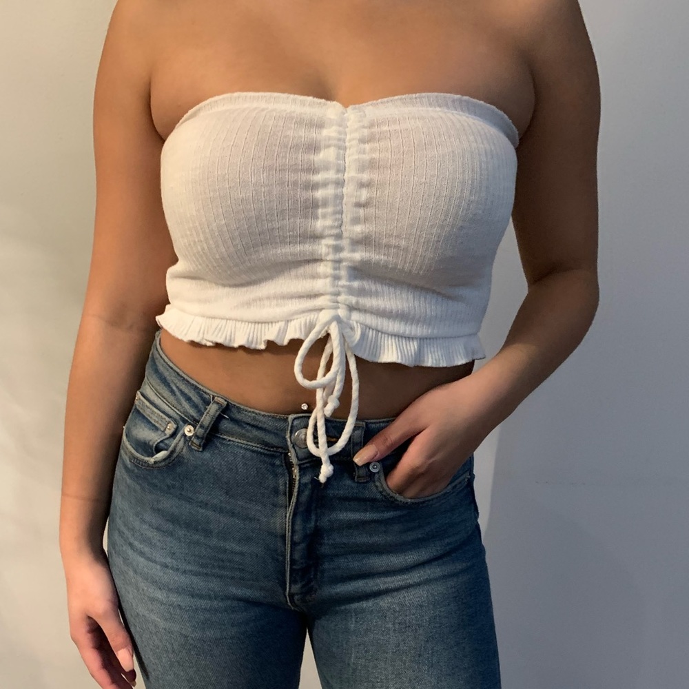 White tube top with ruched drawstring